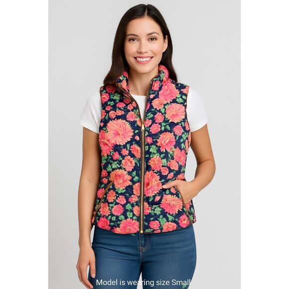 Peach Love California Womens Floral Puffer Vest Small Full Zip 2 Front Pockets - Picture 2 of 7